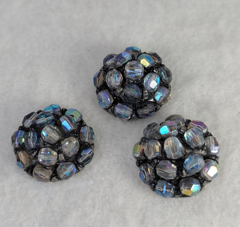 3 Vtge 70"s blue aurora buttons 1 1/8"pot metal backsMade of domed beads EVC